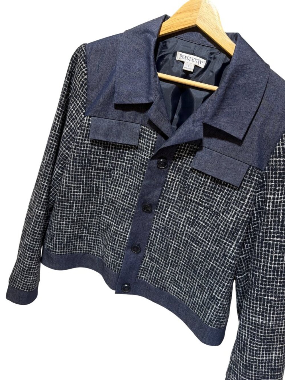 Pendleton Wool Blend Tweed & Denim Chambray Jacket Button-Front Mixed Media Desi